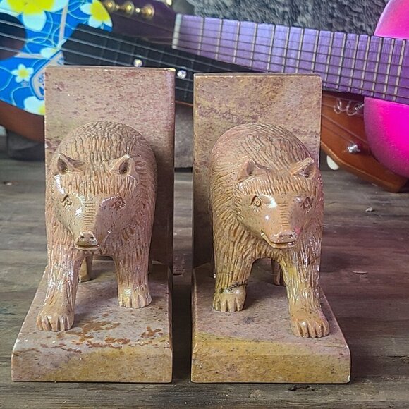 Hand Carved Bear Book Ends Minnesota Agate 1950s - Picture 3 of 15